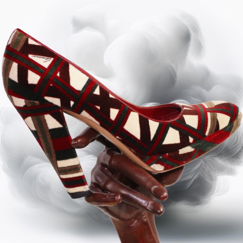 Gucci Velvet Geometric Cream Maroon Green Signed Platform Pumps, Size 6 - Picture 5 of 14